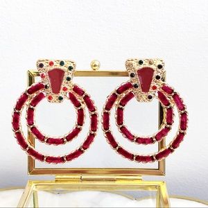 Red Velvet Ribbon Gold Tone Circle Earrings